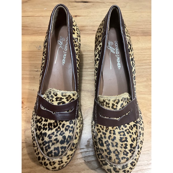 Donald J Pliner Leopard Calf Hair Penny Loafer Wedge Shoes Brown Platform Womens